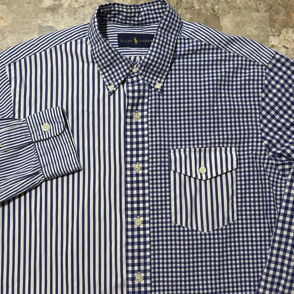 Polo Ralph Lauren Shirt Mens Medium Blue Pattern Block Gingham Twill Poplin